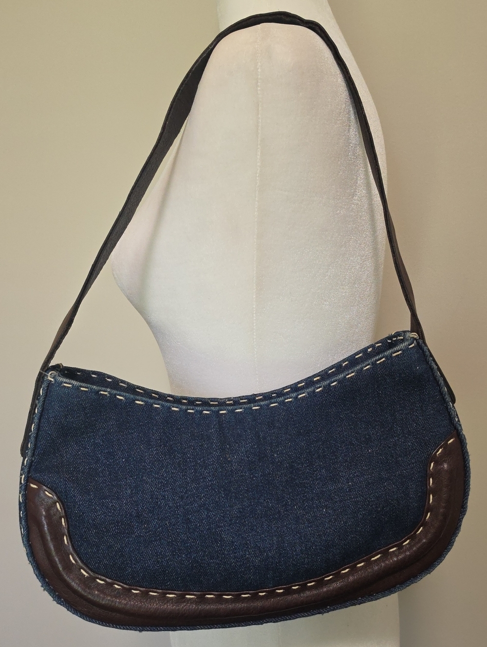 Vintage Y2K Denim Shoulder Bag with Brown Leather Trim & Contrast Stitching